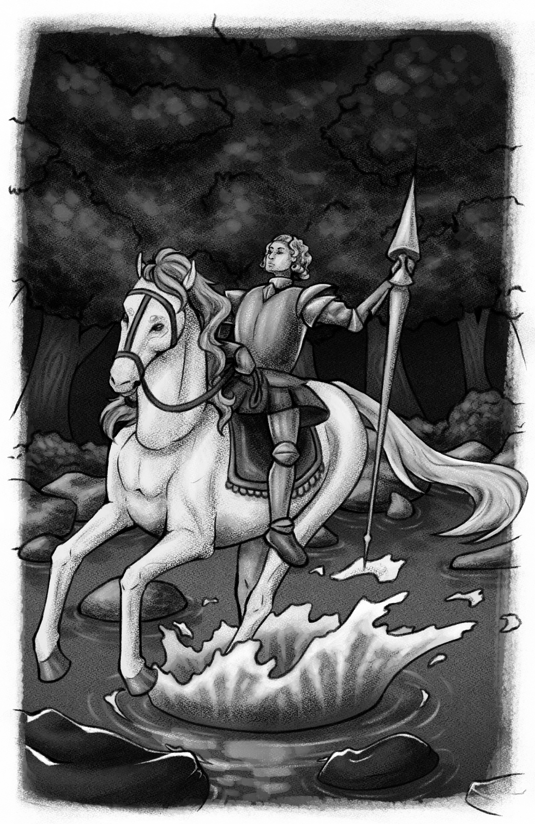 Illustration from the book The Porridge of the Countess Berth: Knight riding a white horse through a river passage.